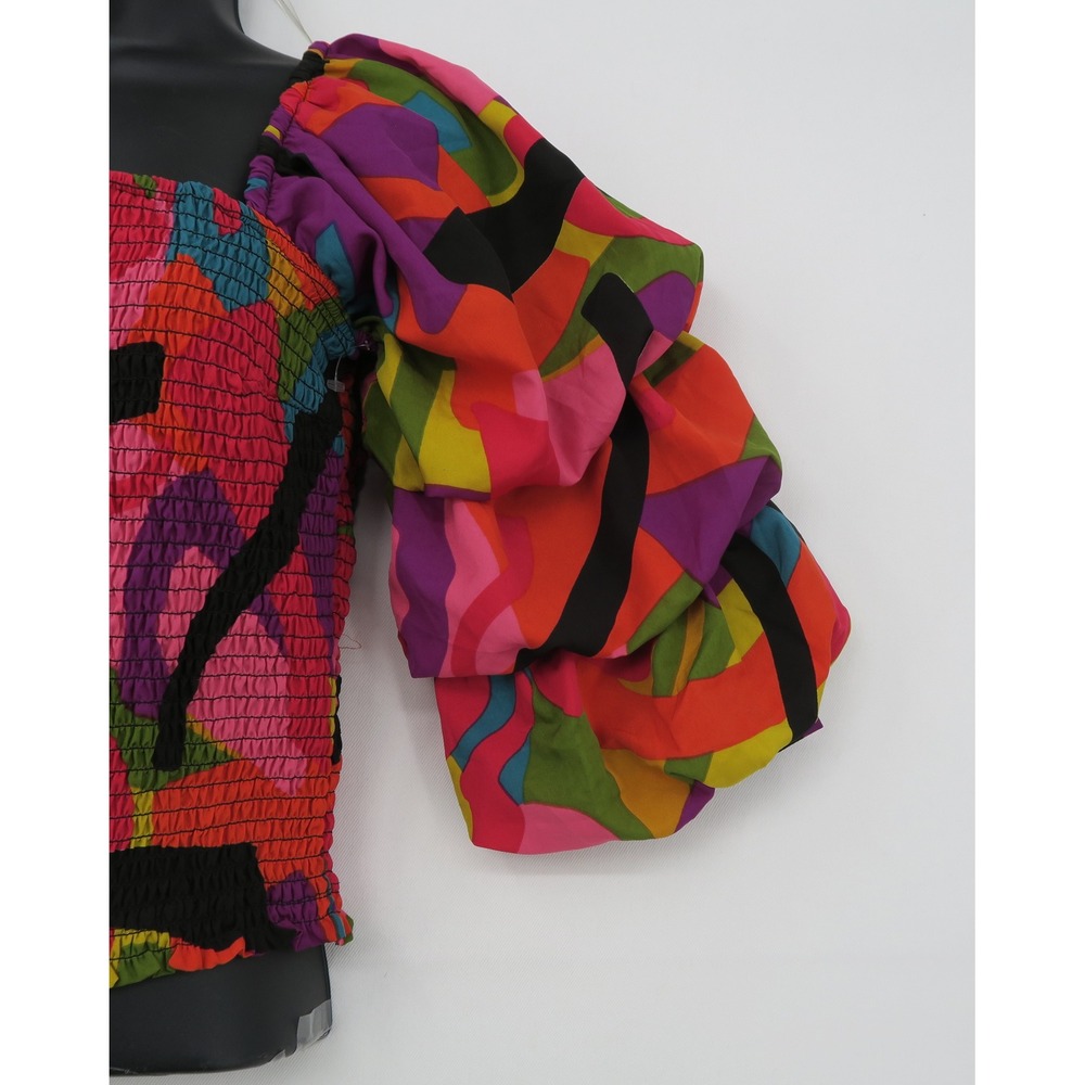 Live 4 Truth Smocked Puff Sleeve Crop Top Multi Color Abstract Print Medium - Picture 5 of 10